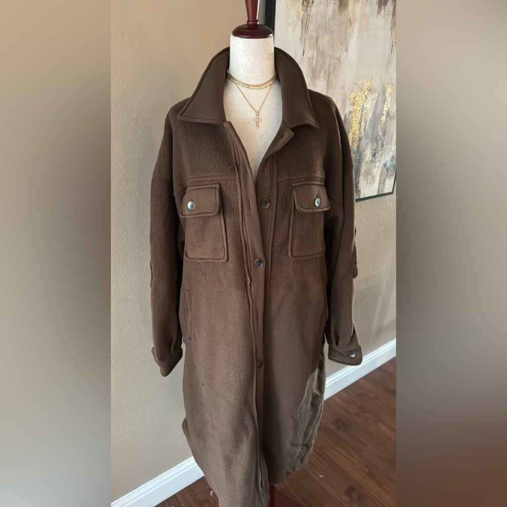Longline brown fleece button down coat oversized